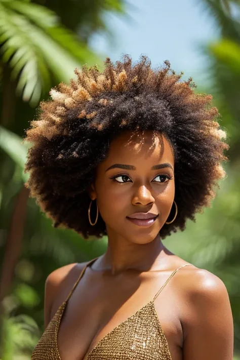 une femme nu, cheveux afro, la peau couverte de miel, background nature