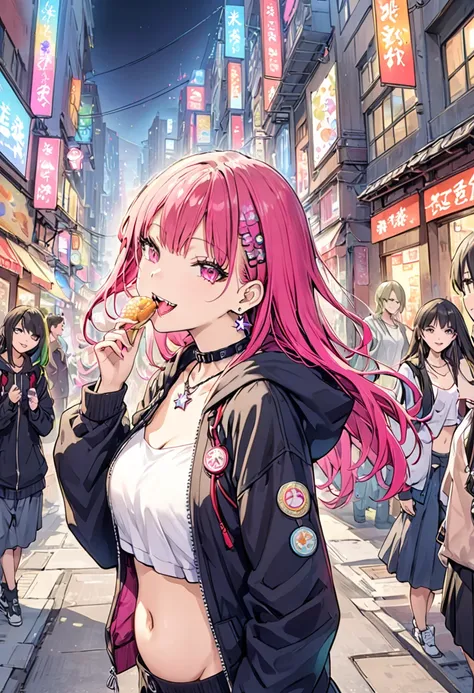 (masterpiece:1.2)、Highest quality、PIXIV、Rebellious girl、One girl、Open your mouth、鋭いteeth、teeth、Long Hair、Street background、gem、badge、ボタンbadge、Food、Pink Eyes、Earrings、Jacket、eyelash、Foodを下にして、star (symbol)、Upper Body、Characters in clothes、zipper、collar、cabl...