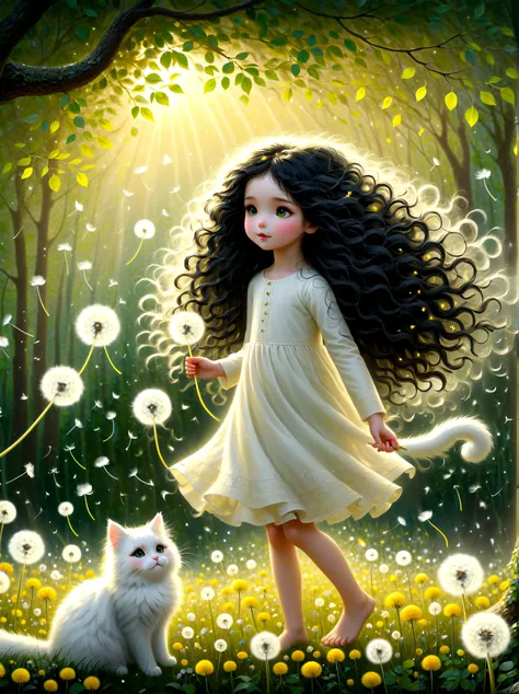 1girl, cute, long black curly hair, a white cat, soft light, dandelions flying down from the trees, the ground is covered with y...