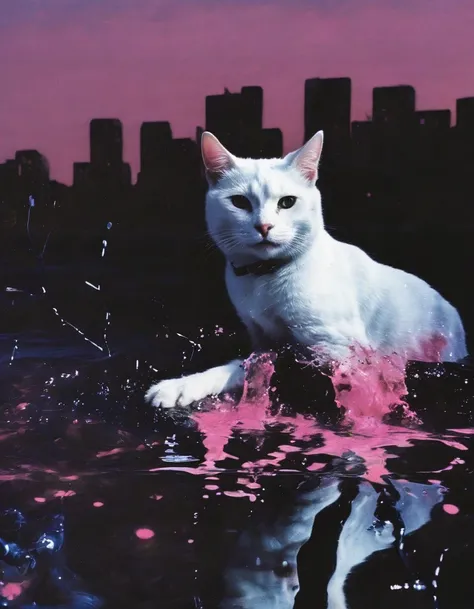 white cat  in black water, pink sunset background