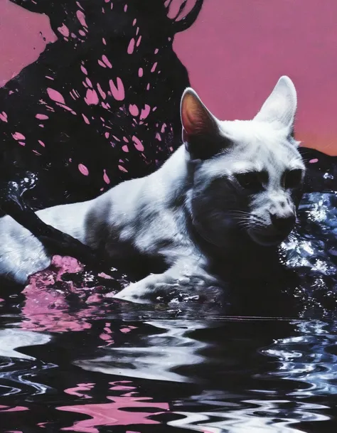 white cat  in black water, pink sunset background