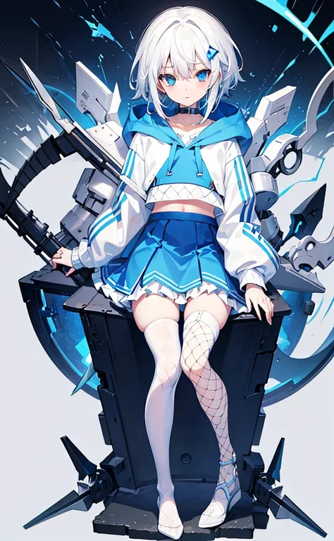 Loli，White hair，Blue Eyes，hoodie，Blue skirt for lower body，Fishnet stockings，Technology，flat chest。White background。