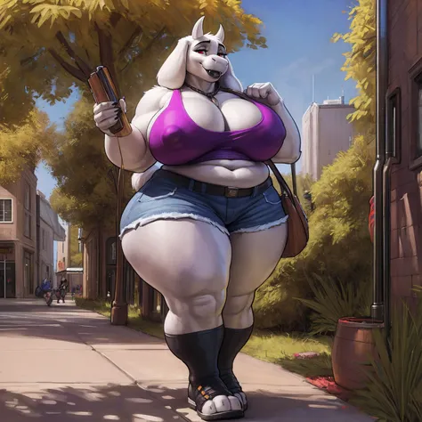 by darkgem, by duase, by kevinsano, by bng, by sligarthetiger, by zaush, solo, 1girl, toriel, maroon eyes, female, older woman, furry body, chubby, heavyset, broad shoulders, wide body, thick thighs, big arms, (huge breasts:1.1), heavy breasts, nipple outl...