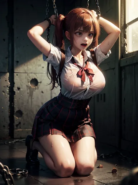 jk school girl uniform , Punished, , Kneeling, Behind bars, dungeon, Be punished, in prison cell, Many chains hang, Bound by chains, Get wet, enjoying, hyper HD, Textured skin, Super detail , big breasts , twin tails hair , skirt dark red , plaid skirt , p...