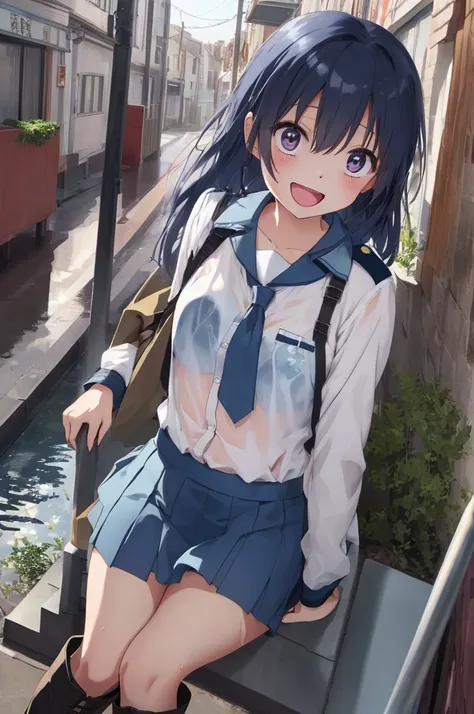 :D、School Anime Girl、青いskirt、Gray Hair、Pink Boots、City of night、In uniform、Open uniform、Wet clothes、skirt、Visible through clothing、bra,Camel Toe、自分でskirtリフト、See-through panties,Small breasts、(Browsing Caution:1.2),Water Drop、Sparkling Water飛沫、Clean air、Spl...