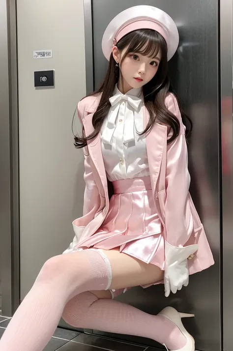 Highest quality、Elevator Girl、A short pink jacket made of shiny silk、White blouse with ribbon、Very short tight skirt、Micro Mini Skirt、A small round hat with a ribbon、Skinny、White gloves、White over-the-knee socks、Flushed Cheeks、Embarrassed look、Sit on the f...