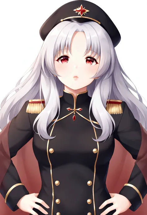 Black military cap, shawl, 1 Girl, Look up, Hands on hips, Long hair,Fluffy hair, Silver hair, Red eyes, front, , Handsome, masterpiece, Lips up, 骄傲的masterpiece