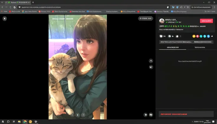 Framed image of a woman, holding a cat in her arms, very very low quality picture, webcam screenshot, there&#39;s a cat next to her, very very low quality, with a small cat on your lap, profile picture 1024px, 8 k)), a twitch streamer, very accurate photo,...