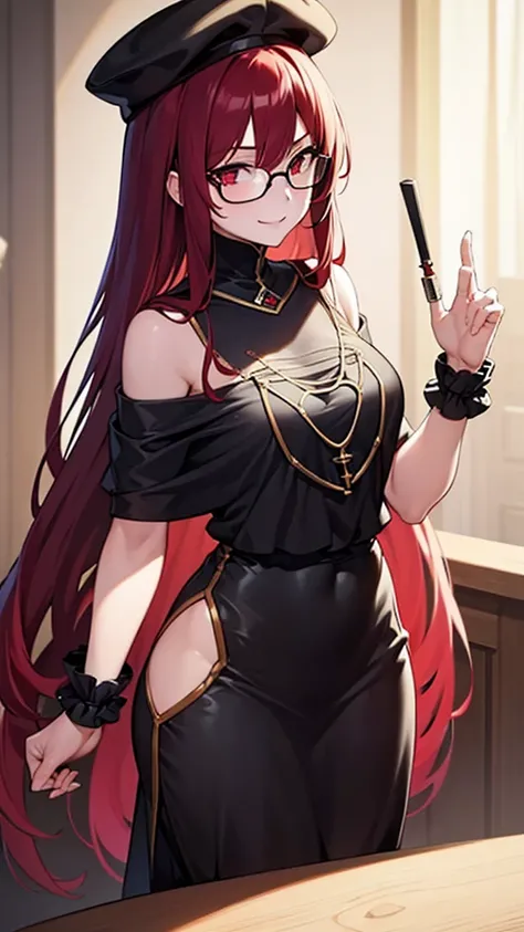 (Masterpiece), (best quality), 20 year old girl, long red hair, red eyes, solid round eyes, smile softly, shadow, 8K, Awesome details, precise, best quality, UHD, textured skin, Black glasses, sexy black evening dress, (Wears a black commander hat with a c...