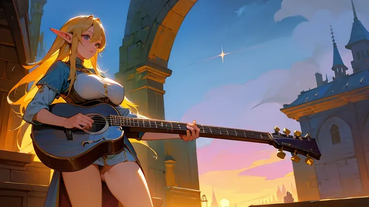 Anime Style,Nostalgic,Detailed background,The medieval world,A lively bar with lots of people,Beautiful sky,Beautiful Elf Bard,guitar,Large Breasts,Protruding buttocks