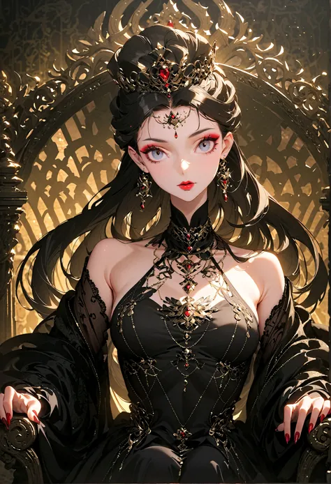 Throne of Power,queen,The most beautiful woman in the world,Queen&#39;s Clothes,The most luxurious throne in the world,Proportional human body.close_up,Exquisite makeup