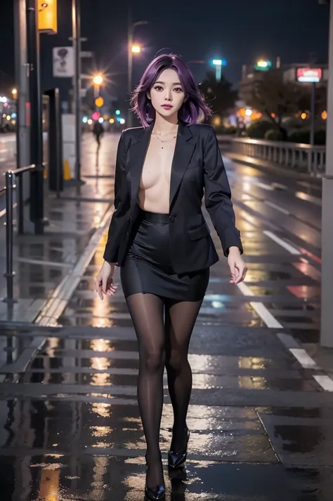 (One girl), masterpiece, photoRealistic, 8K, (Realistic: 1.2), whole body, View your viewers, pantyhose, Purple Hair, (Kafka: 1.2), walking, beauty, (Medium chest: 1.2) night, night sky, city, cityscape, rain, (dramatic: 1.2)