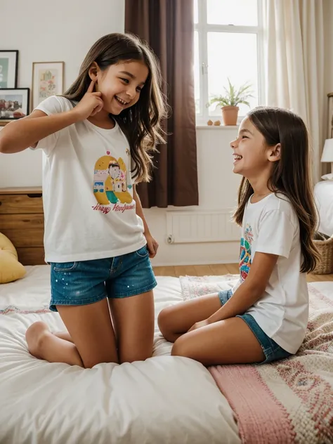 A highly realistic scene of two Italian sisters, one 14 years old and one 8 years old, playing on a bed in their cozy bedroom. The 14-year-old, with shoulder-length brown hair and expressive eyes, wears casual shorts and a tight, bright T-shirt. She is sit...