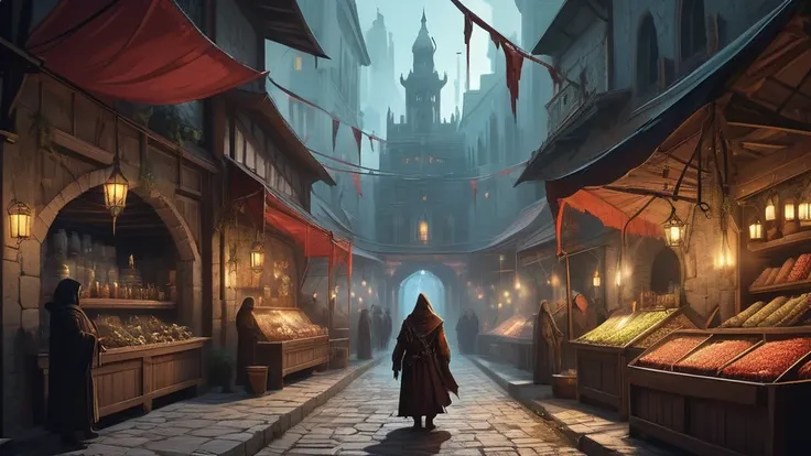 As the first light of dawn filters through the ancient spires and narrow alleys of Greyhaven, the bustling medieval market awakens from its nocturnal slumber. Nestled within the shadow of the towering citadel, stalls adorned with faded banners and flickeri...