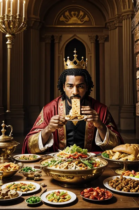 King eating a lot of food in his palace