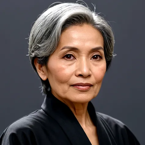 a sixty years woman, Indonesian face, sociologist, friendly, caring face, peaceful face, facing camera, black-silver hair, short hair, fashion hair cut, black robe, talking in an executive meeting, fantastic photoshot, dramatic angle, extremely detailed, u...