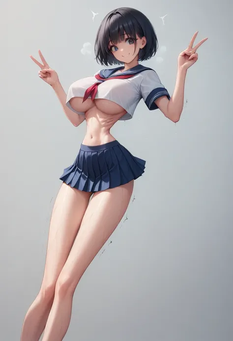 (masterpiece, best quality:1.2), front shot, beautiful 1girl, (super big breasts, micro waist, very long legs:1.3), Black hair, short bob hair, short height, scrawny and thin body, Light Skin, cute big eyes, cute beautiful thin face, forced smile, serafuku...