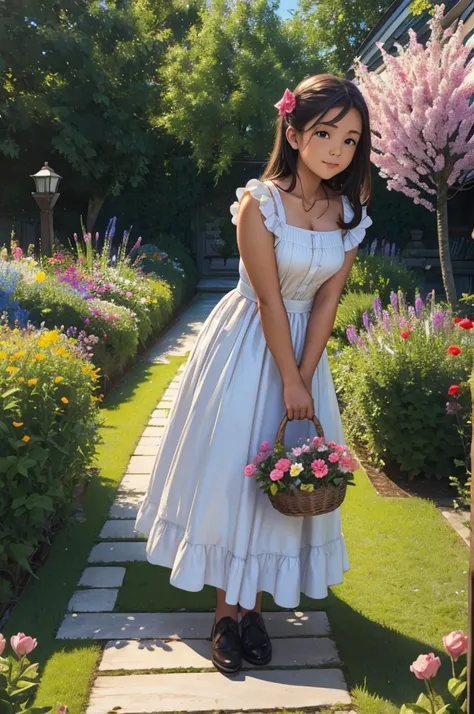 (1girl:1.5),garden,monet,impressionist,flower,garden,grass,stone step road,flowerpot,birch,maid,[doctor] cat's ear,up close,hold...