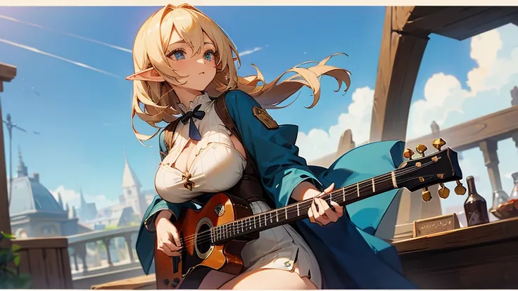 Anime Style,Nostalgic,Detailed background,The medieval world,A lively bar with lots of people,Beautiful sky,Beautiful Elf Bard,guitar,Large Breasts,Healthy thighs