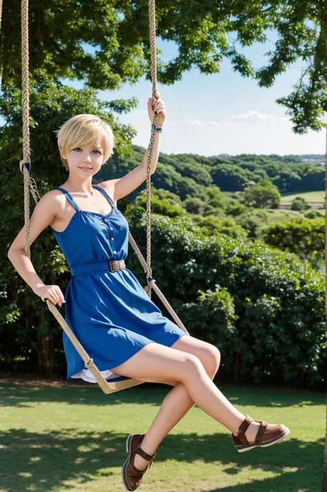 Anime girl with short blonde hair and blue eyes riding a swing
