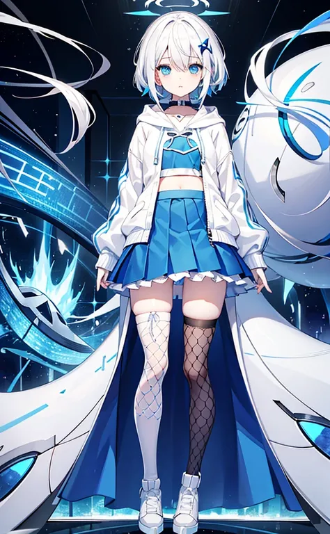 Loli，White hair，Blue Eyes，hoodie，Blue skirt for lower body，Fishnet stockings，flat chest。