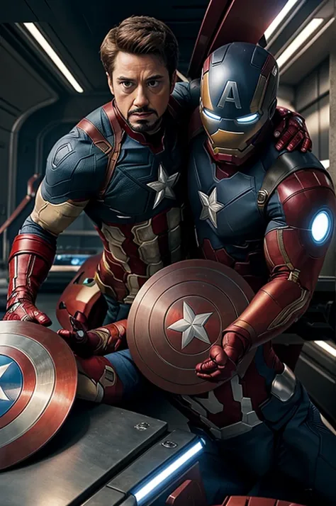 Shirtless Iron-man rubbing his nipples against Captain America&#39;s 