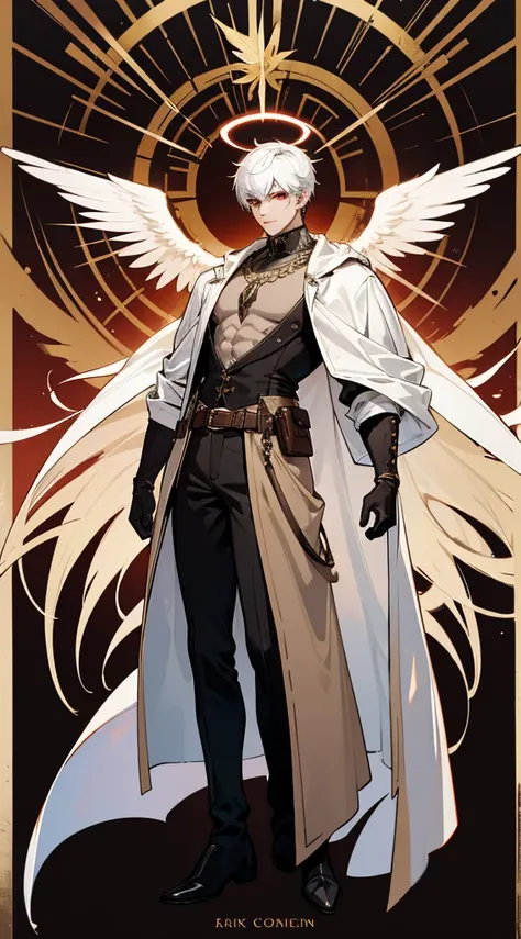 character sheet, character design, multiple angles, full body, book cover, artistic image, three versions of the character, an angel character, a demon character, human character, Handsome man, white hair, very short hair, ((crew cut: 1)), red eyes, fair s...