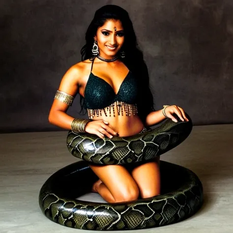 Happy Horny, aroused 1girl), beautiful kneeling Indian young teen belly dancer  with  giant colossal black titanboa squeezing her hard, wrapped in thick spiraling coils, constricted, struggle, gasping for air, snake attack, snake peril, moonless night, dim...