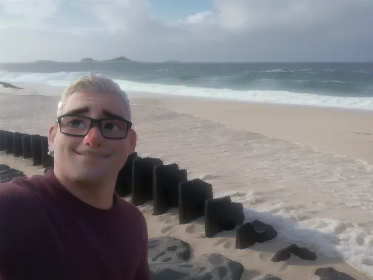 há um homem standing on the beach tirando uma selfie, beach photo, in a seaside setting, posing on a beach with the ocean, standing near the beach, standing on the beach, profile image, standing next to the ocean, the sea and storms behind him, sitting at ...