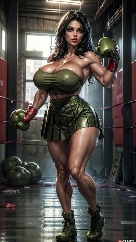 (best quality,highres:1.2), (ultra-detailed), (realistic:1.37), (HDR,UHD), (physically-based rendering), (curvy mature Denise Milani), ((topless, exposed chest:1.3)), ((olive green pleated boxing skirt:1.3)), ((boxing gloves:1.4)), ((cropped, straight jet-...