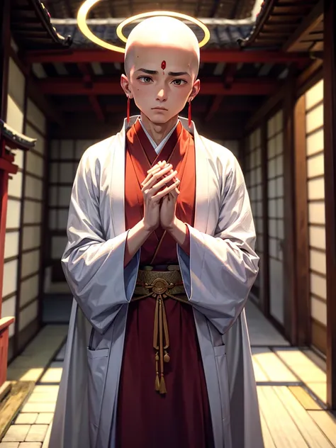 Highest quality,Highest Resolution,A skinhead monk wearing a robe prays with his hands together,Halo,Japanese,Japanese temple grounds,