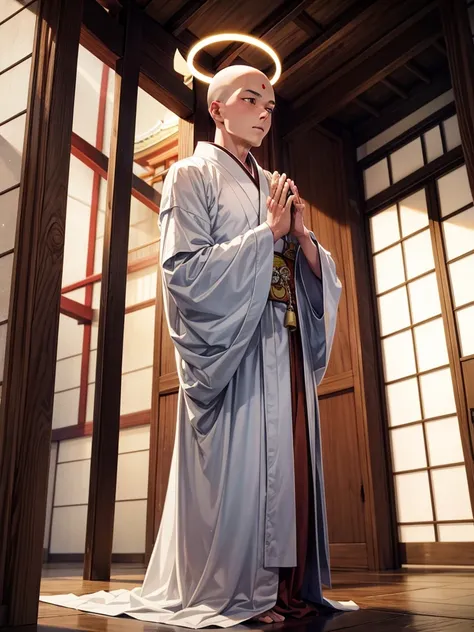 Highest quality,Highest Resolution,A skinhead monk wearing a robe prays with his hands together,Halo,Japanese,Japanese temple grounds,