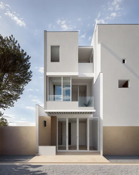 1 architecte moderne, main material by white wall and wood, 1 large courtyard, 1 road passes in front of the house,  (Photo brute, real, best quality, head of&#39;artwork:1.2), avoir l&#39;modern and minimalist look, 1 route devant la maison, dynamic light...