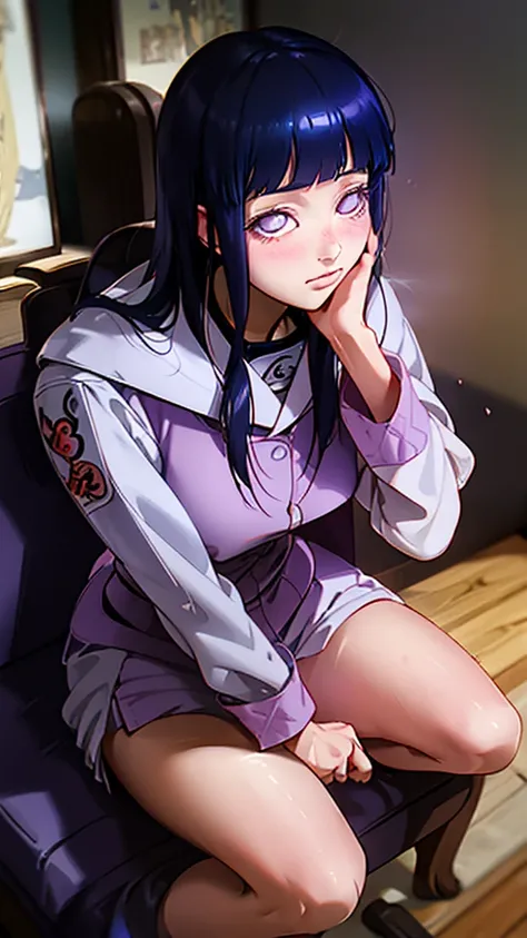 a close up of a person sitting on a chair with a coat, a manga drawing inspired by Miwa Komatsu, trending on pixiv, shin hanga, hinata hyuga, hinata hyuga from naruto, ecchi anime style, ecchi style, realistic , in anime style, anime full body illustration...