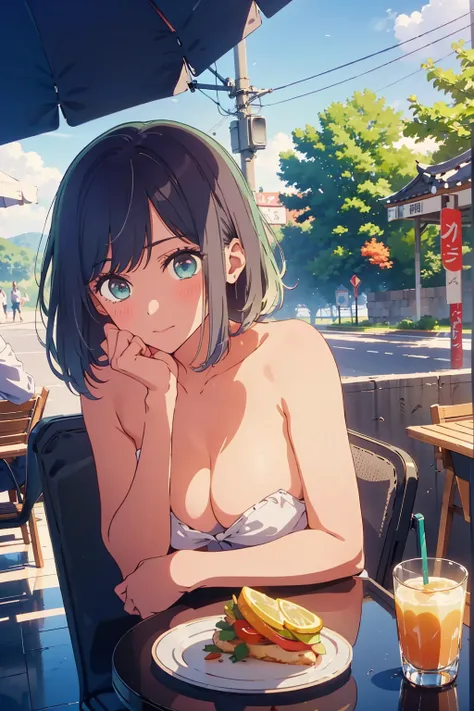 (Highest quality、masterpiece、超detailed、Ultra-high resolution、Absurd、Absolute Resolution、8K、detailed:1.4)、F cup bust、Big Breasts、Slim body、Very white beautiful skin、((((1 person、Surprised expression、sit、Chair、In the background are the urban buildings of Tok...