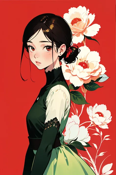 best quality,masterpiece,ultra high resolution,1 girl,Side face to the camera,Uno,Yamamoto Takato style,
simple background,Red_background,a robin，Camellia，Cold-blooded girl