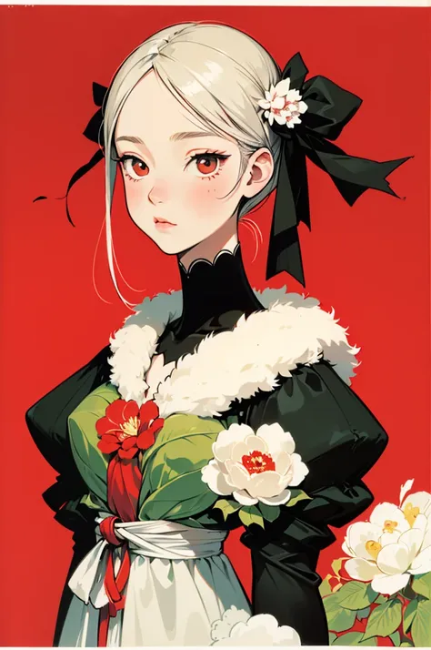 best quality,masterpiece,ultra high resolution,1 girl,Side face to the camera,Uno,Yamamoto Takato style,
simple background,Red_background,a robin，Camellia，Cold-blooded girl