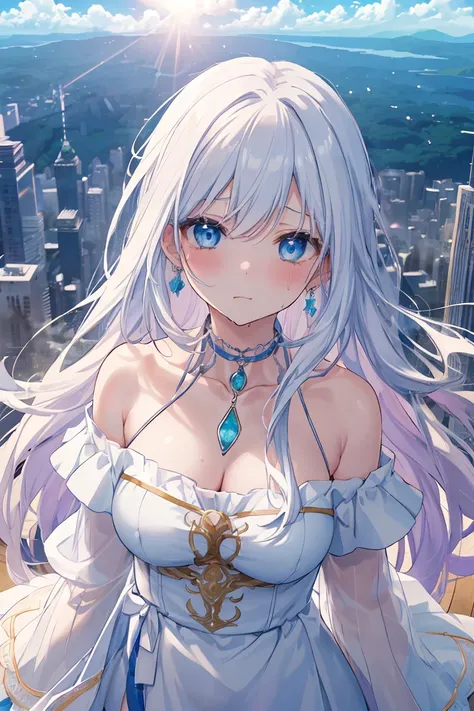 Absurd, High resolution, (Anime Style:1.1), ((Tabletop)), ((Highest quality)), (Super detailed), (beautiful), alone, beautiful face、(lift)、Do not wear jewelry around your neck, The view from the top of a skyscraper close to the atmosphere is lovely.,Wind,T...