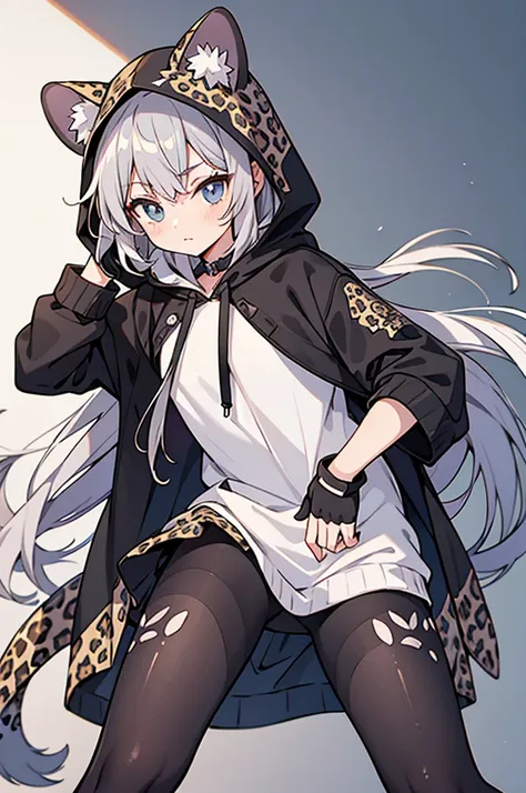 anime style,wearing hood,gray_leopard_ears_hood,
gray_Leopard_print outfit tights paw_gloves,gray long hair,