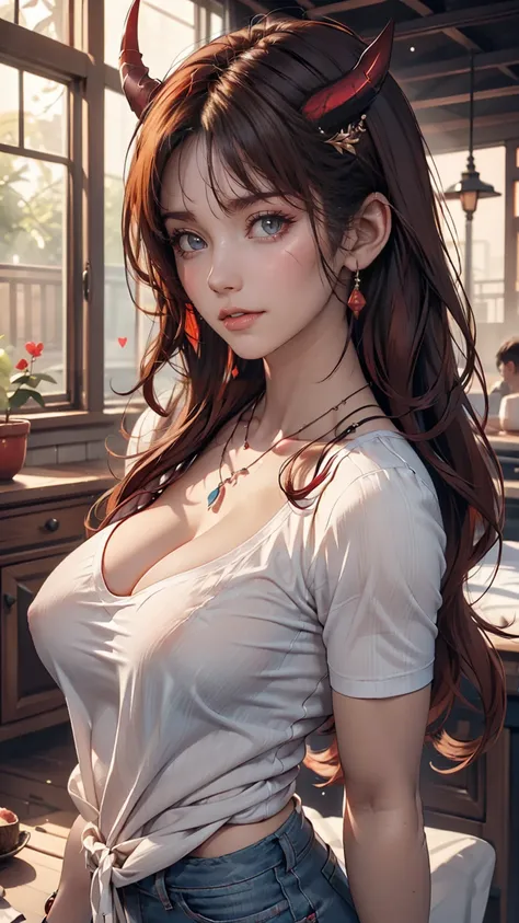 Very detailed, Seductive erotic woman with horns, A shirt that fits snugly against the skin, (Big Breasts, My chest is so big that it tears my shirt, Redhead), Focus on the face, Focus on the face, Complex eyes,Sexy proportions、Sexy、Narrow waist、necklace、W...