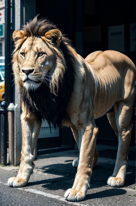 pixelart Generates an image of a lion on the street, with current rapper style clothing, Show full body, Transparent background.