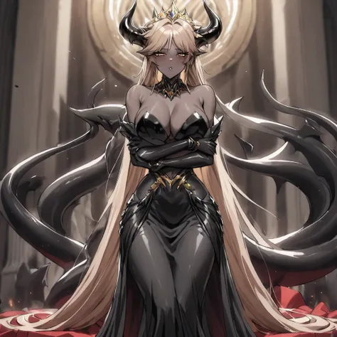 ((Highest quality)), ((masterpiece)), (detailed), （Perfect Face）、The woman is a jet-black female demon with magnificent demon horns and a jet-black tail, her skin is the same black as the Demon King, she is wearing a provocative and luxurious jet-black dre...