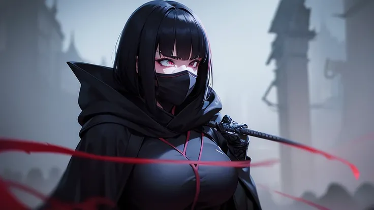 a solo shadow warrior anime, 1girl, warrior, katana, cloak, mask, mysterious, stealth, high contrast, dramatic lighting, cinematic, dark fantasy, moody atmosphere, vibrant colors, intricate details, digital painting, artstation, concept art, hyperrealistic...