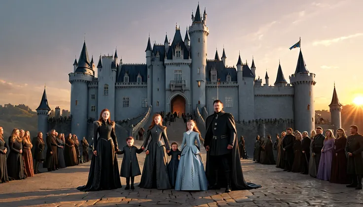 wallpaper，32k，(Realist），The Stark family stands in front of the European-style castle，At dusk, the setting sun，Realistic physical rendering，Tyndall effect，Light Effect，Throne of Power