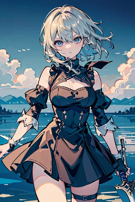 2b, Nier Automata,Cover your eyes with a black cloth, ((1 Girl)), (Detailed and clear face) ,Cool woman,Rough poses, Warrior,Moonlit Night, Standing on the lake, ,(Holding a long sword)Arondight, Sad expression, new, (Cowboy Shot),((Very detailed,Highest q...