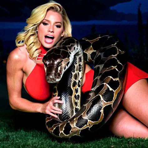 Happy Horny, aroused 1girl), beautiful kneeling blonde young teen girl  with  giant colossal black titanboa squeezing her hard, wrapped in thick spiraling coils, constricted, struggle, gasping for air, snake attack, snake peril, moonless night, dim light