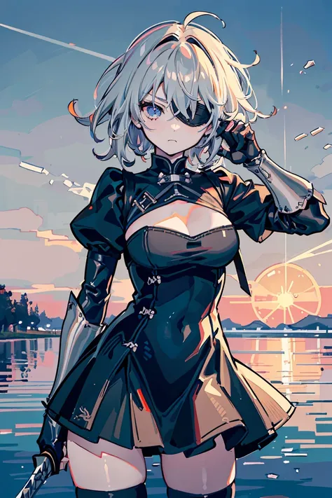 2b, Nier Automata,Black blindfold, ((1 Girl)), (Detailed and clear face) ,Cool woman,Rough poses, Warrior,Moonlit Night, Standing on the lake, ,(Holding a long sword)Arondight, Sad expression, new, (Cowboy Shot),((Very detailed,Highest quality, High resolu...