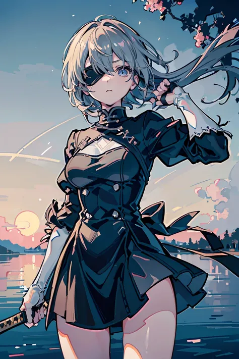 2b, Nier Automata,Black blindfold, ((1 Girl)), (Detailed and clear face) ,Cool woman,Rough poses, Warrior,Moonlit Night, Standing on the lake, ,(Holding a long sword)Arondight, Sad expression, new, (Cowboy Shot),((Very detailed,Highest quality, High resolu...