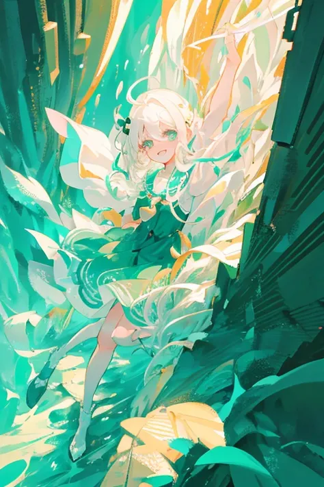 1girl, {young}, white hair, white dress, flat chest, Eldritch horror waifu, 1 eye, barnicles covering left eye, smiling, arms wide open, underwater, deep sea, abyss, green water, Lovecraftian