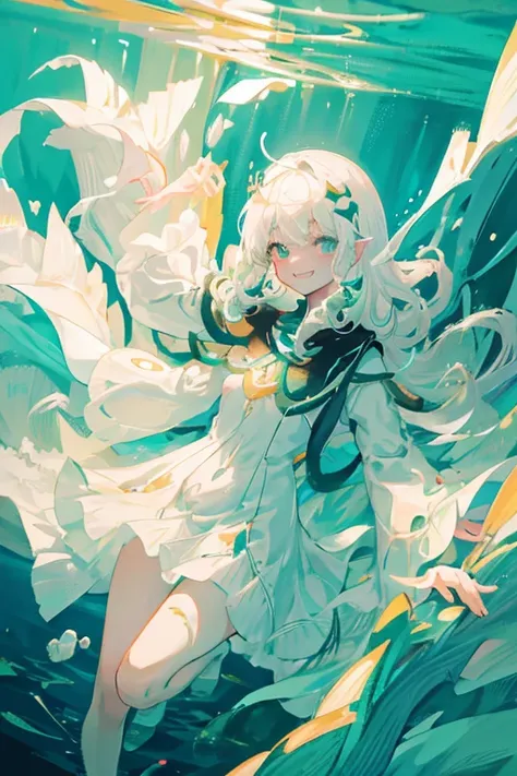 1girl, {young}, white hair, white dress, flat chest, Eldritch horror waifu, 1 eye, barnicles covering left eye, smiling, arms wide open, underwater, deep sea, abyss, green water, Lovecraftian